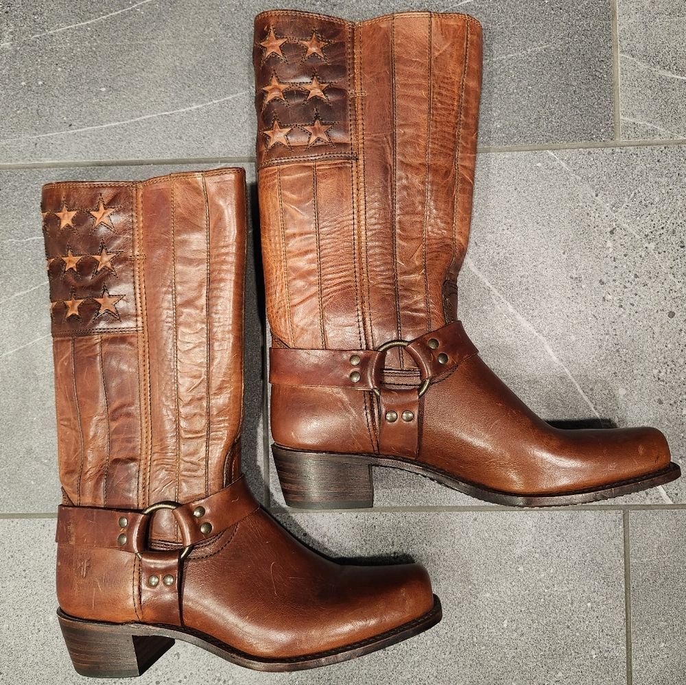 Frye Americana 150th Anniversary Harness Brown American Flag Tall Boots Size 11m